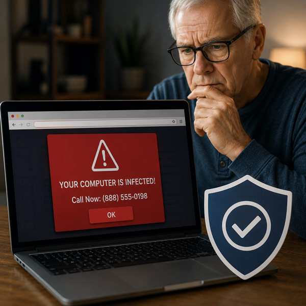 An older man with glasses looking intently at a laptop screen displaying a red security pop-up warning "Your Computer Is Infected! Call Now," next to a blue shield icon cutout.