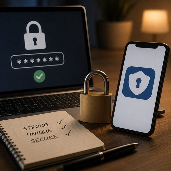 A desk setup featuring a laptop displaying a password screen, a smartphone showing a security shield icon, a brass padlock, and a notepad with checkmarks next to "Strong," "Unique," and "Secure."