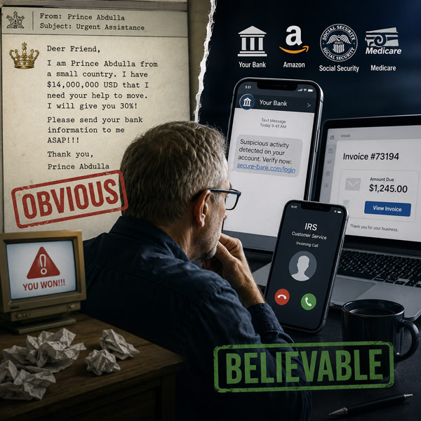 Graphic contrasting an "Obvious" classic email scam on the left with a "Believable" modern multi-device phishing attack on the right, featuring a man at a desk looking at fake bank alerts and IRS calls.