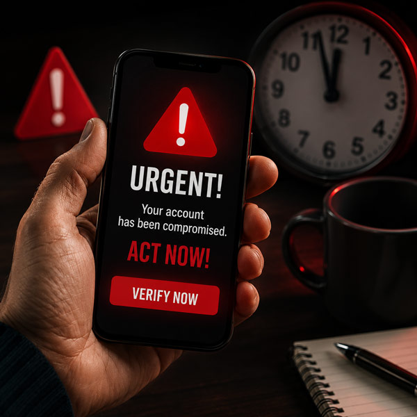 Close-up of a hand holding a smartphone displaying a high-urgency alert reading "URGENT! Your account has been compromised. ACT NOW! VERIFY NOW" next to an analog clock and a red warning triangle icon.