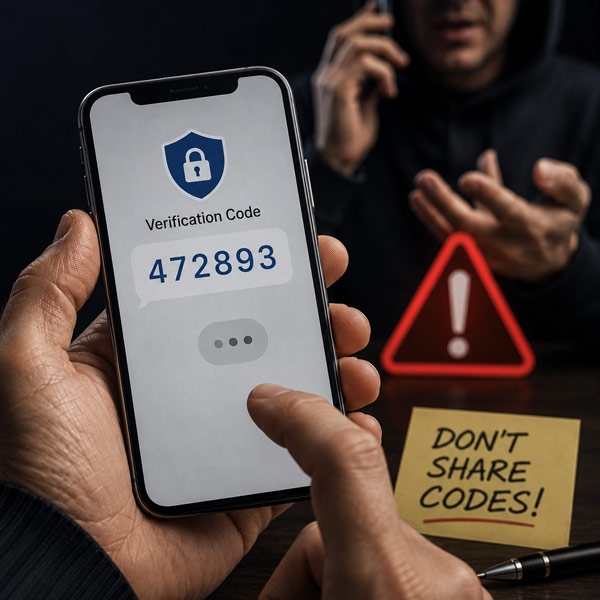 Hand holding a smartphone displaying a 6-digit verification code prompt while a hooded figure talks on the phone in the background, next to a sticky note reading "Don't Share Codes!"