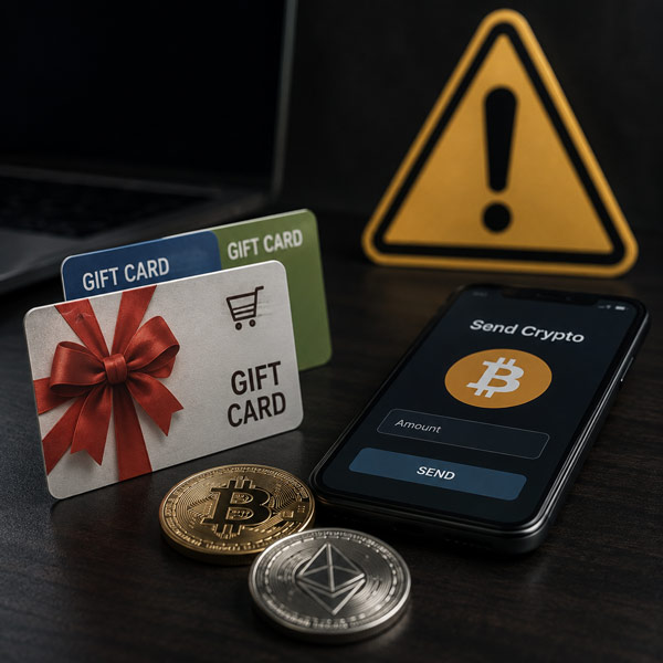 A smartphone displaying a cryptocurrency transfer screen sitting next to physical Bitcoin and Ethereum coins, gift cards, and a yellow warning sign icon.
