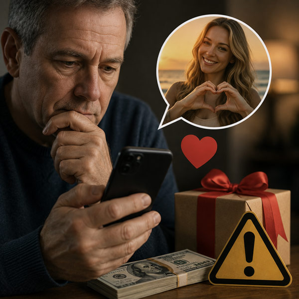 A thoughtful man looking at his smartphone next to a stack of cash, a wrapped gift, a warning sign, and a speech bubble showing a smiling woman making a heart gesture with her hands.