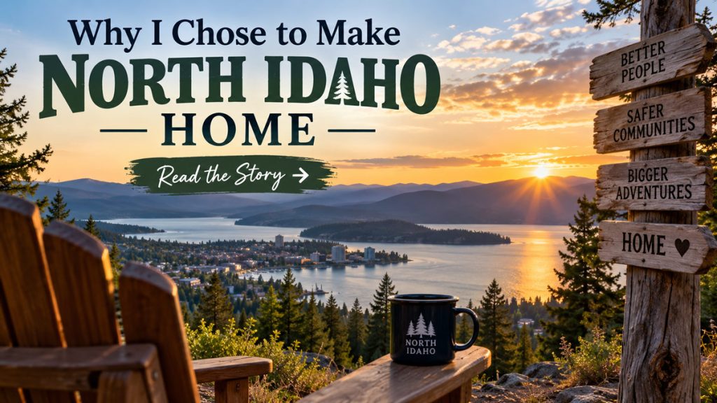 A wooden Adirondack chair and coffee mug overlooking a scenic lake and mountain sunset above a city shoreline, with a signpost pointing to "Better People," "Safer Communities," "Bigger Adventures," and "Home." Overlay text reads "Why I Chose to Make NORTH IDAHO HOME" with a "Read the Story" button.