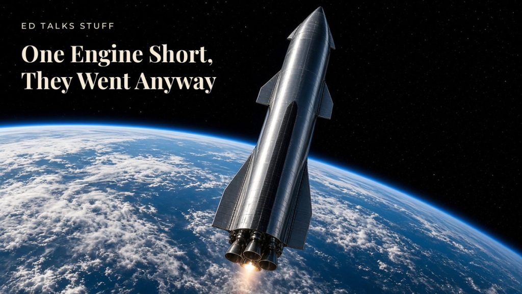 A silver, metallic Starship-style rocket ascending into space above the curvature of Earth, with single-engine flame exhaust visible. The top-left corner features text reading "ED TALKS STUFF" and the bold title "One Engine Short, They Went Anyway".
